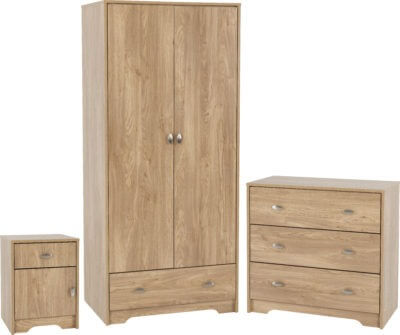 Alt Tag: Attenborough Trio Bedroom Furniture Set Medium Oak wardrobe chest of drawers and bedside table in medium oak